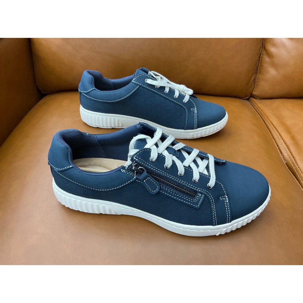 Clarks Caroline Ayla Sneaker Womens 10W Navy New Perforated Leather Zip